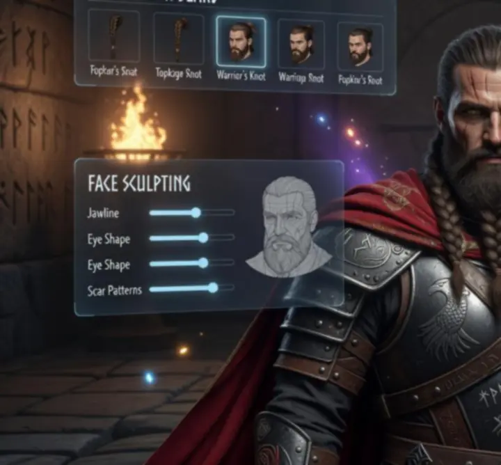 Magyar fantasy karakter testreszabás – arcok, öltözékek és mágikus kiegészítők felülete.