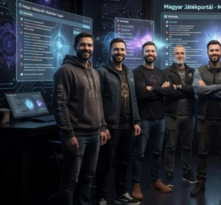 Moderátor csapat egy fantasy torony irányítótermében, holografikus felületekkel