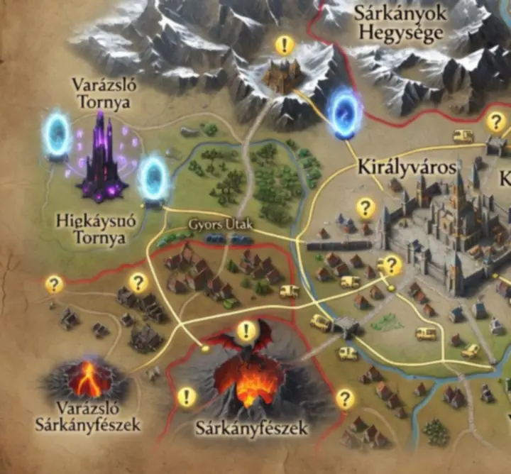 Magyar feliratokkal ellátott fantasy világtérkép, régió- és útvonaljelölésekkel
