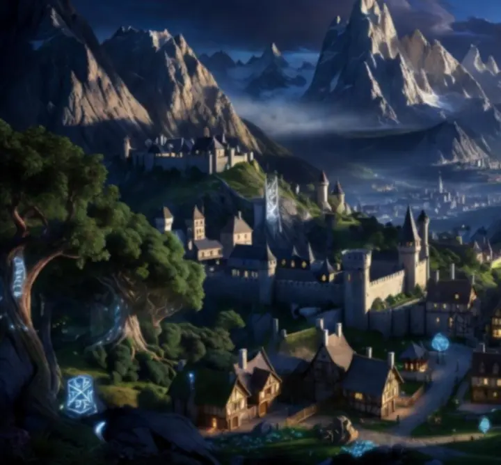Lélegzetelállító fantasy MMORPG világpanoráma, hegyekkel, erdőkkel és mágikus fényekkel