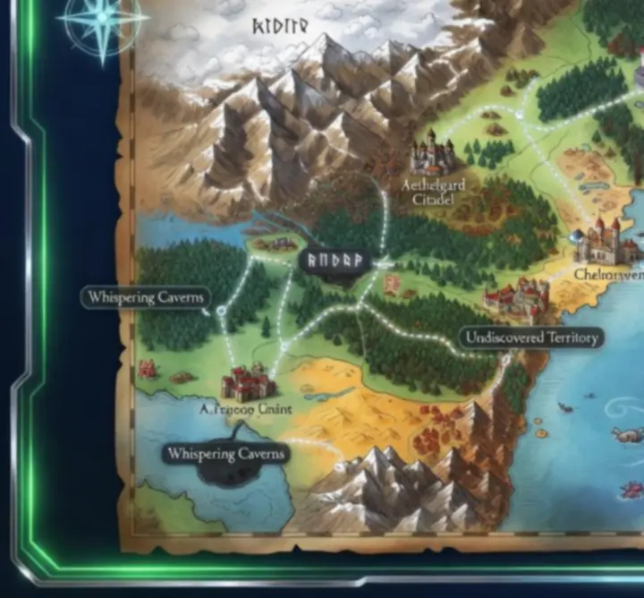 Fantasy világtérkép, zónák és útvonalak vizuális MMORPG stílusban