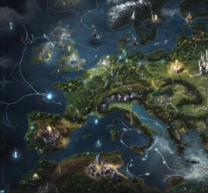 MMORPG világ térképe mágikus birodalmakkal és régiókkal